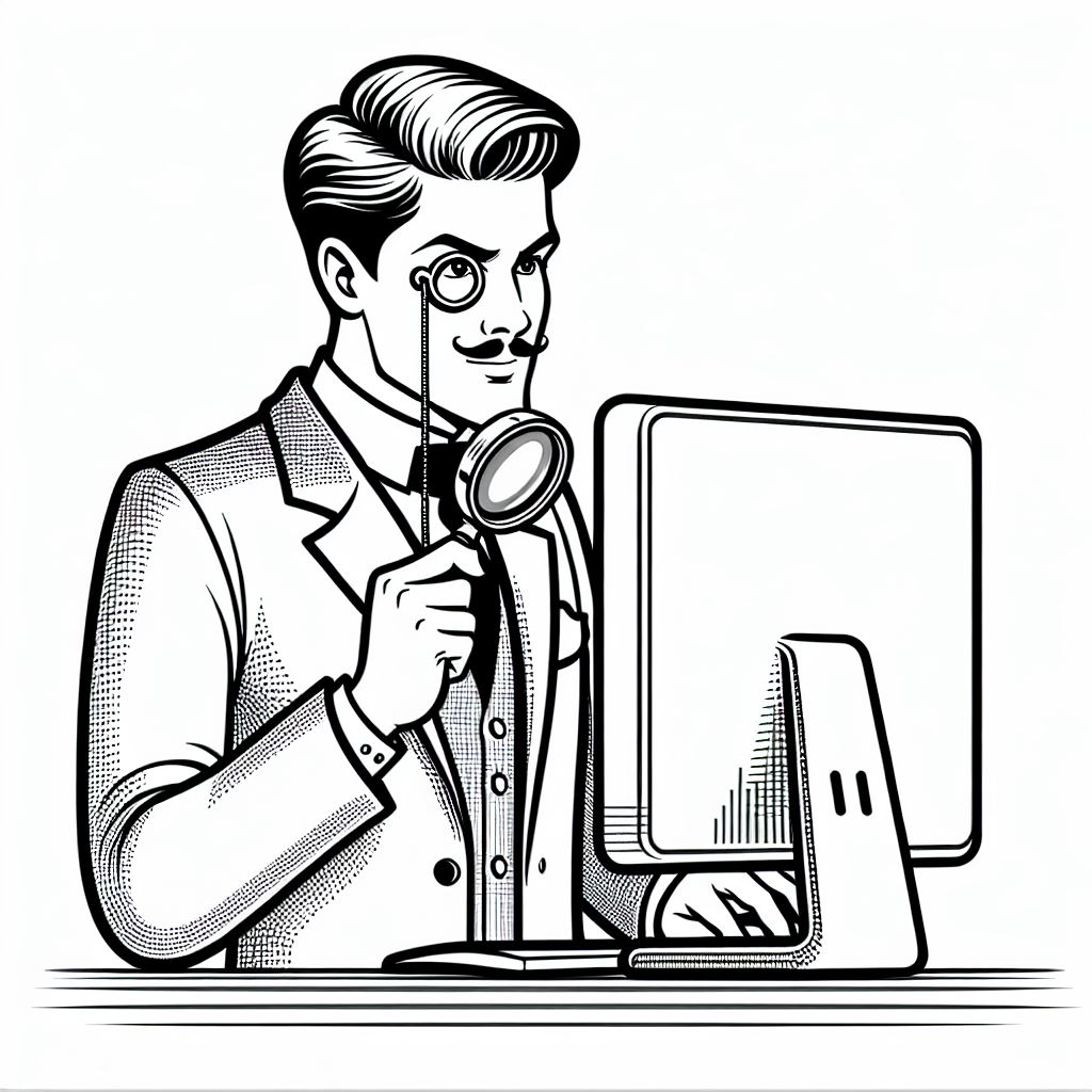 A line drawing of Lord Peter Wimsey looking at a computer through a microscope